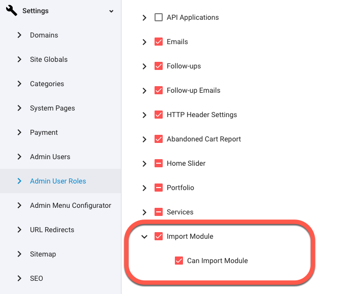 Admin User Roles and permissions for the Import/Export of Modules extension