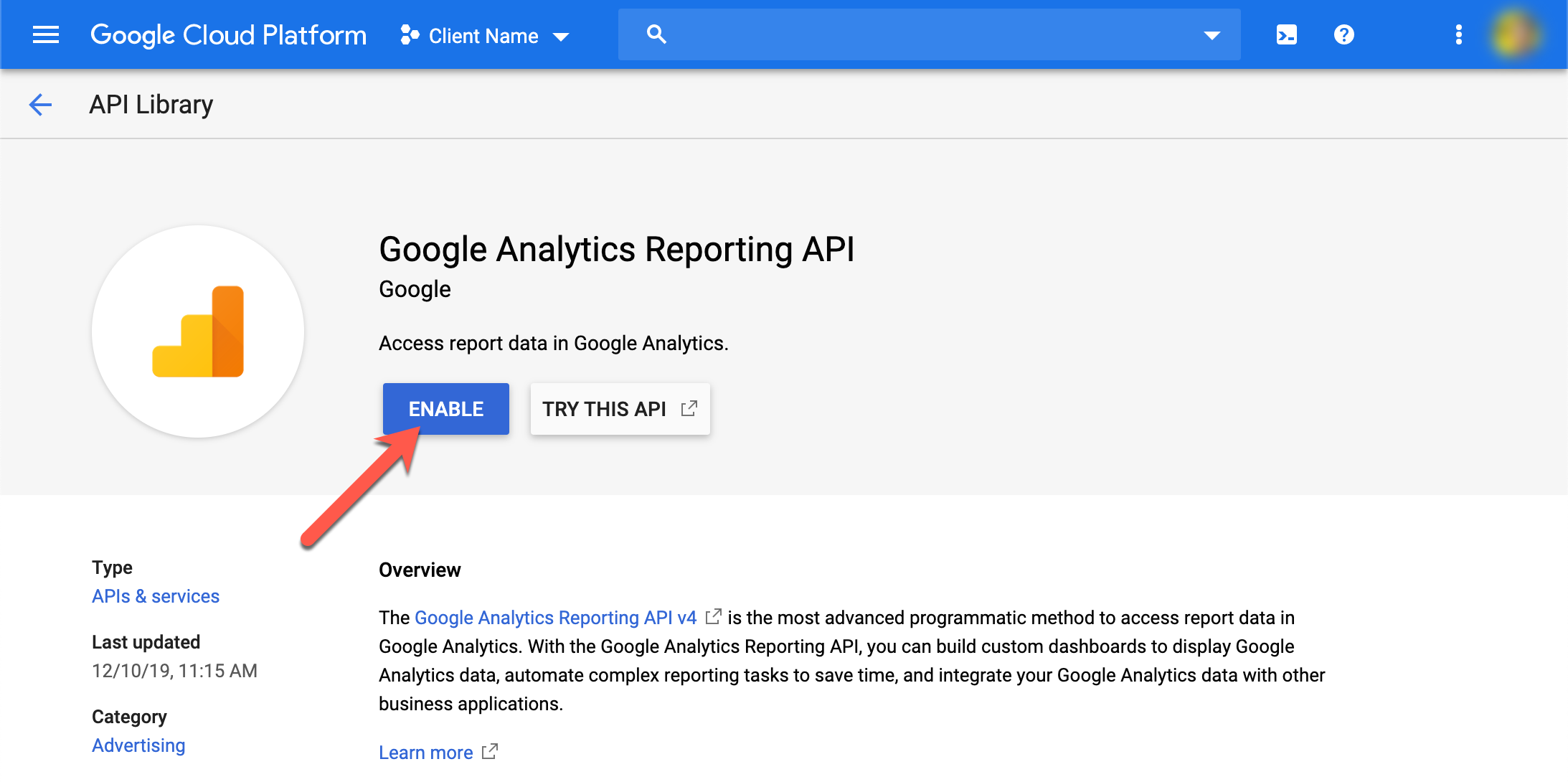 Enable Google Analytics Reporting API