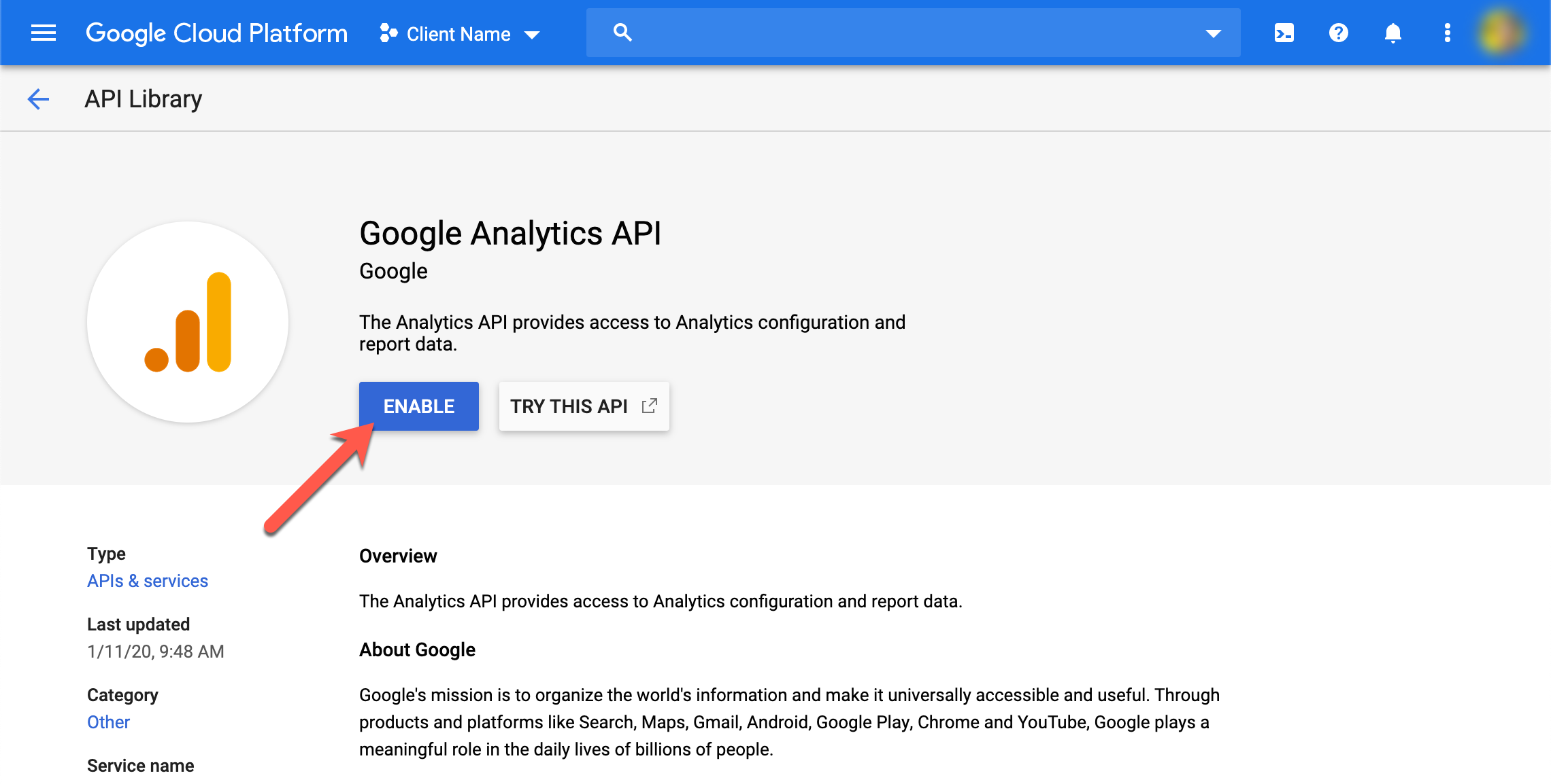 Enable Google Analytics API