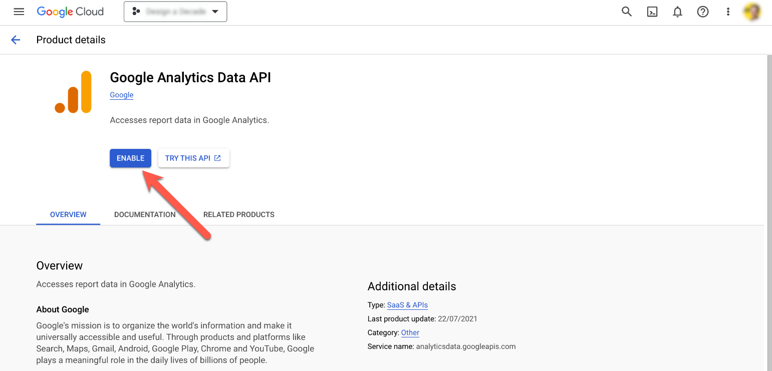 Enable Google Analytics Data API