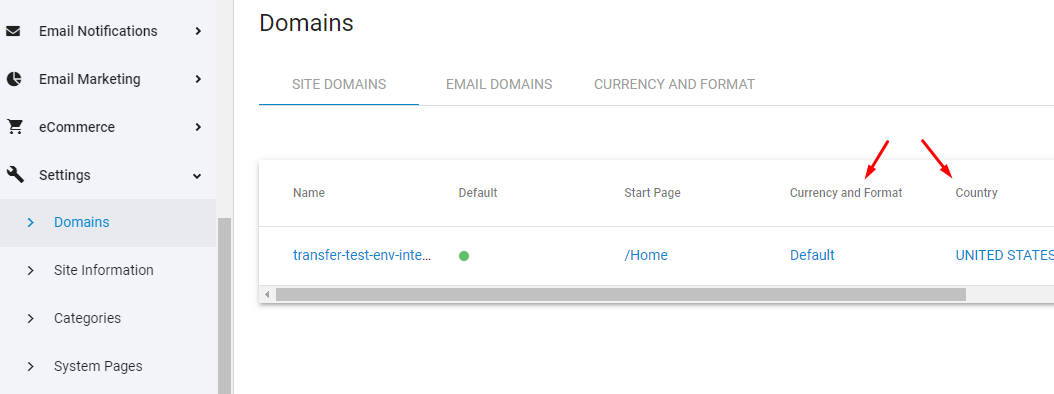 Domain Country and Currency/Format settings